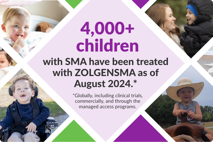 Mosaic of multiple images of smiling children with headline: 3,000+ children with SMA have been treated with ZOLGENSMA as of January 2023*